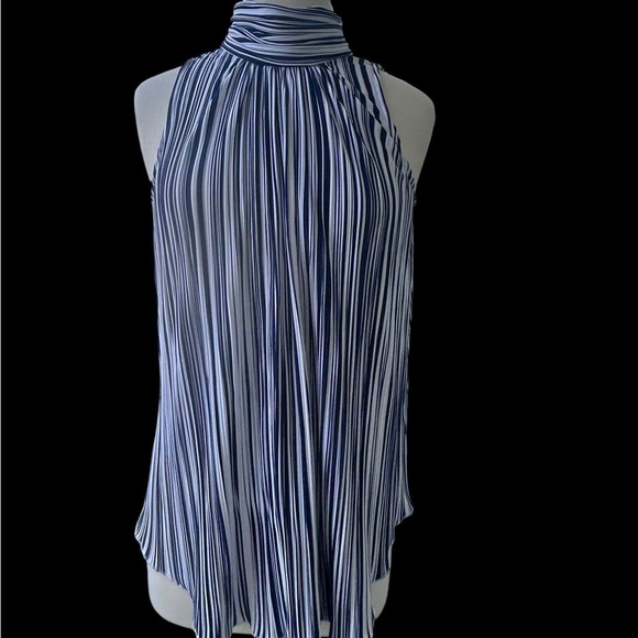 Blue and White Striped Mock Neck Flow Free Sleeveless Blouse Sz Medium - Picture 1 of 13